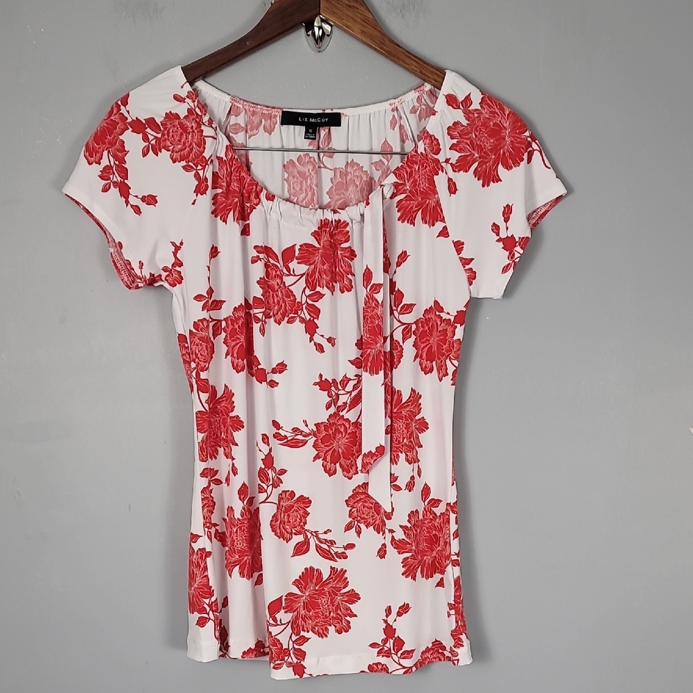 Liz McCoy Red and White Tie Front Fitted Blouse